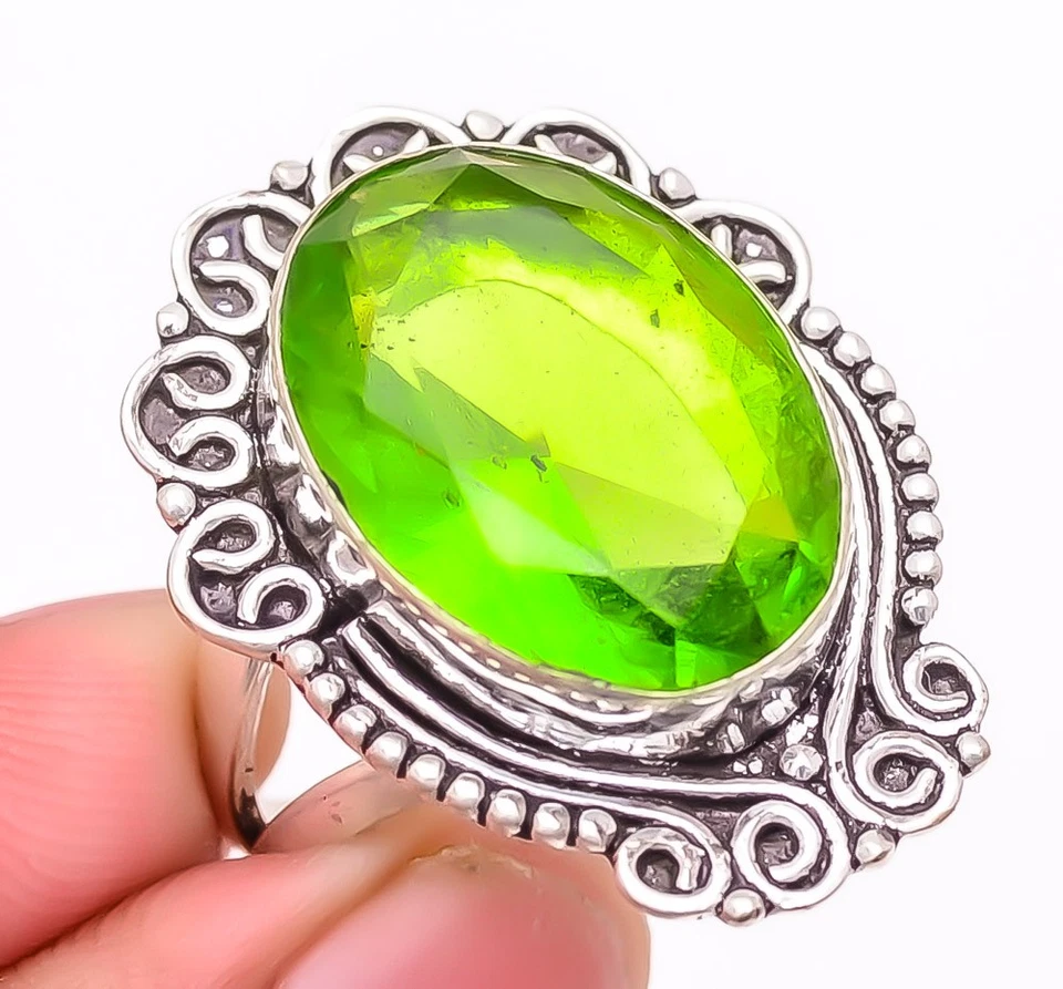 Burmese Peridot Gemstone Silver Plated Jewelry Ring s.9 F2669 - Image 3 of 4