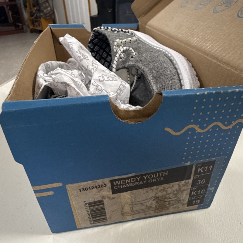HEYDUDE Wendy Youth Chambray Onyx Kids Loafer Lace Up Gray/White US 11 EU 30
