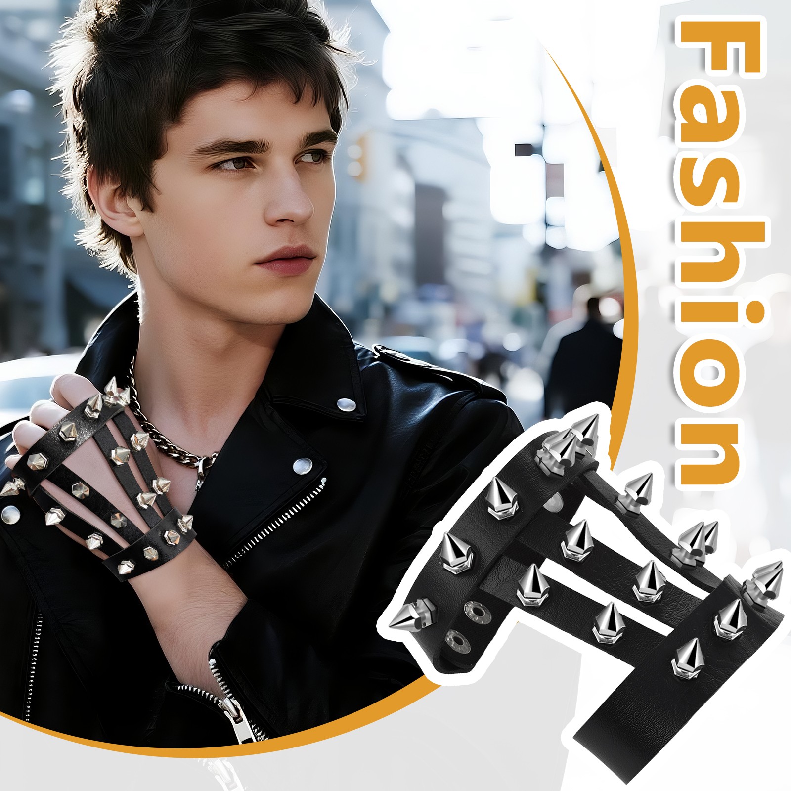Halloween Punk Rock Rivet PU Leather Bracelet Cuff Wristband with Ring Men Women