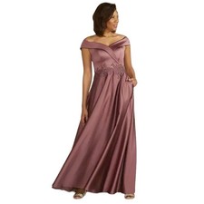 OC by Oleg Cassini Embroidered Off Shoulder Satin A-Line Dress in Rosewood Sz 4