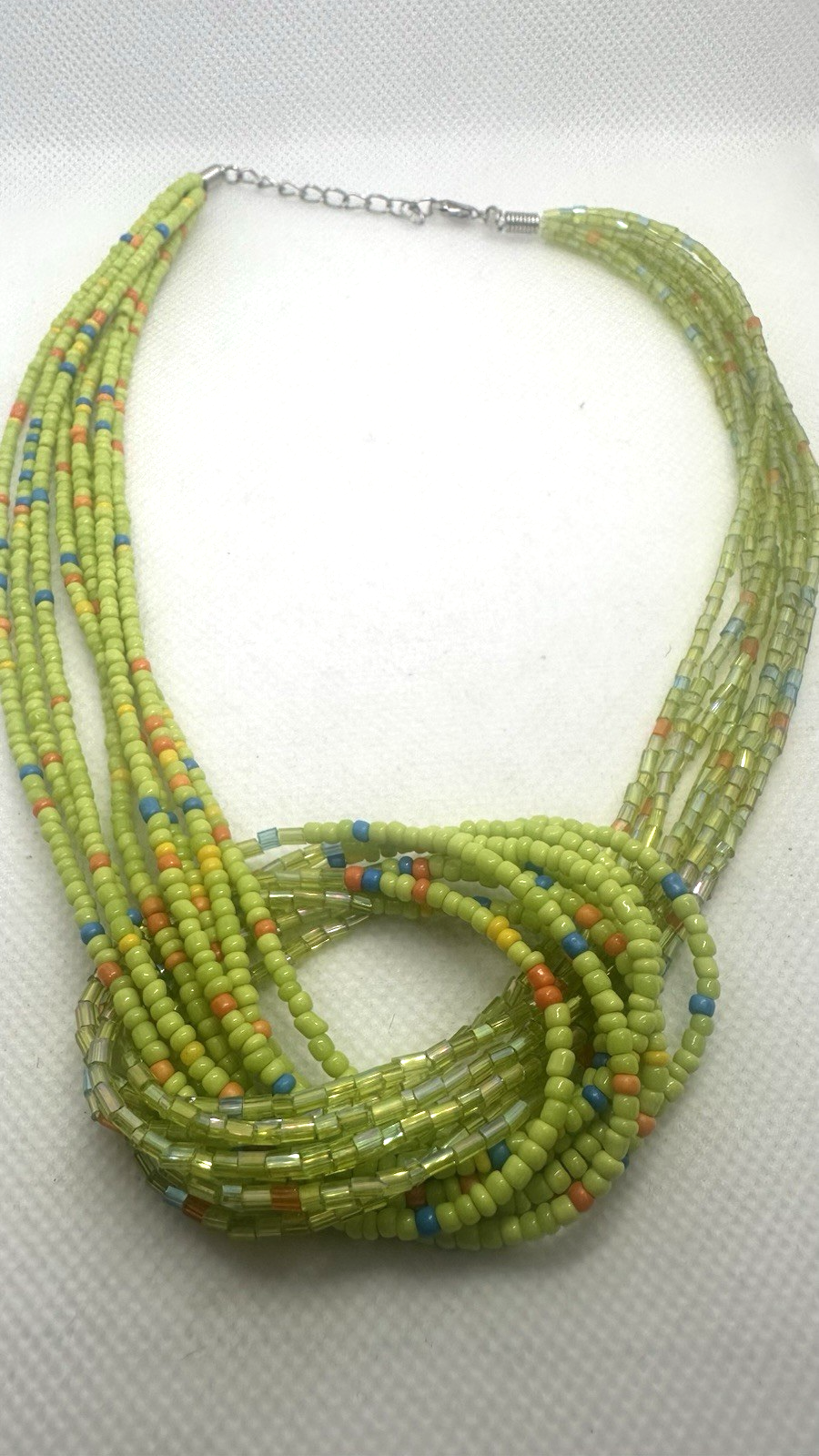 Lime Green and Clear Seed Bead Knotted Necklace 18 Inch