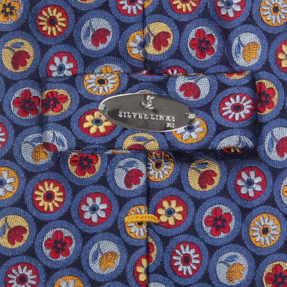 LÍNEAS PLATEADAS Corbata Cuello Seda Azul Primavera Flor Punto Floral Círculo Tulipán Margarita Para Hombre Foto 4 de 4