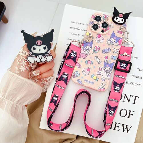 For iPhone 16 15 14 Pro Max 13 Cute Cartoon My Melody Kuromi Strap Case Cover