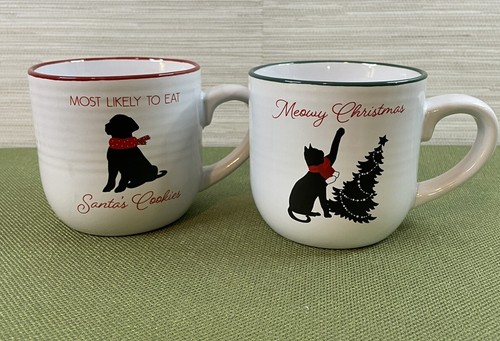 Pet coffee mug dog cat lot of 2 silloutte black Christmas tree white red green