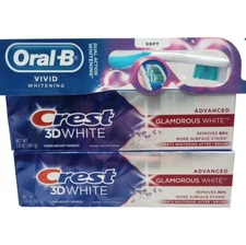 2 Pk Crest 3D White Toothpaste Glamorous White Fluoride 3.8oz  +BONUS toothbrush