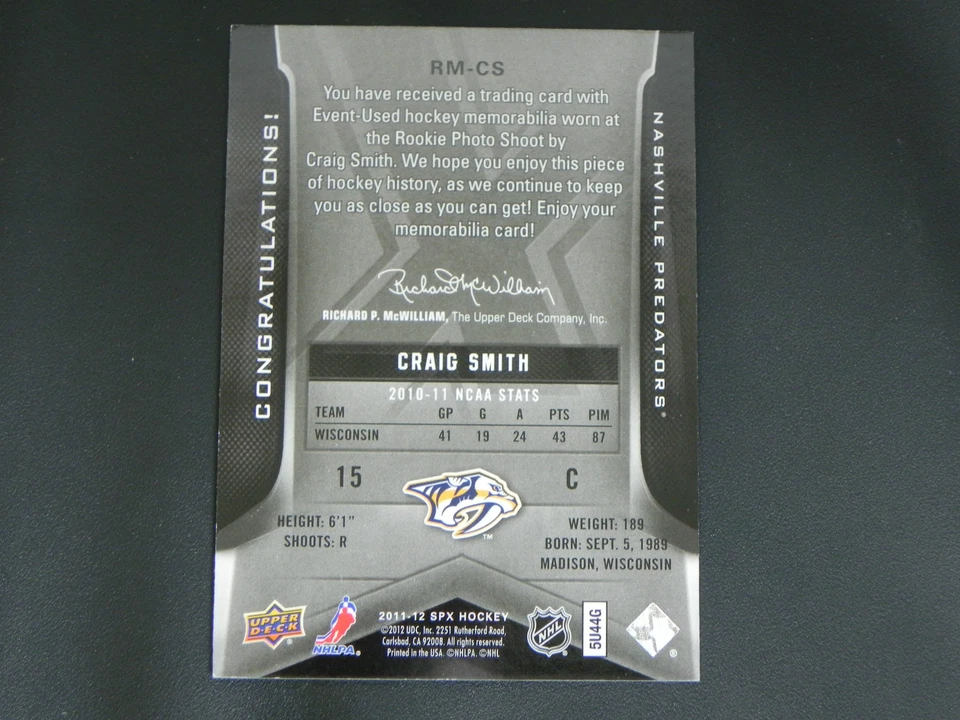 2011-12 SPx ROOKIE Materials RM-CS Craig Smith Nashville Preadators RC - Image 2 of 2