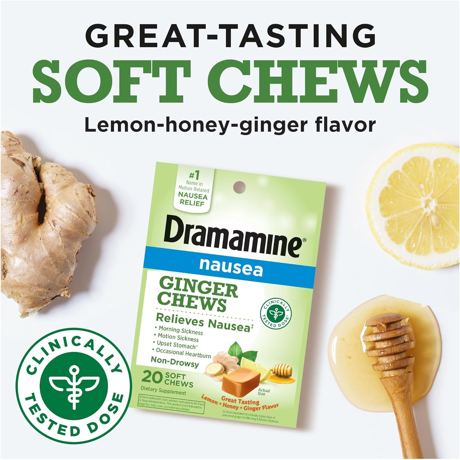 Dramamine Ginger Chews, Relieves Nausea, Lemon Honey Ginger Flavor, 20