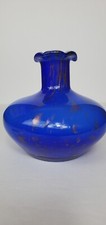 Murano Style Hand Blown Cased Art Glass Vase Cobalt Blue W Metallic Gold Accents