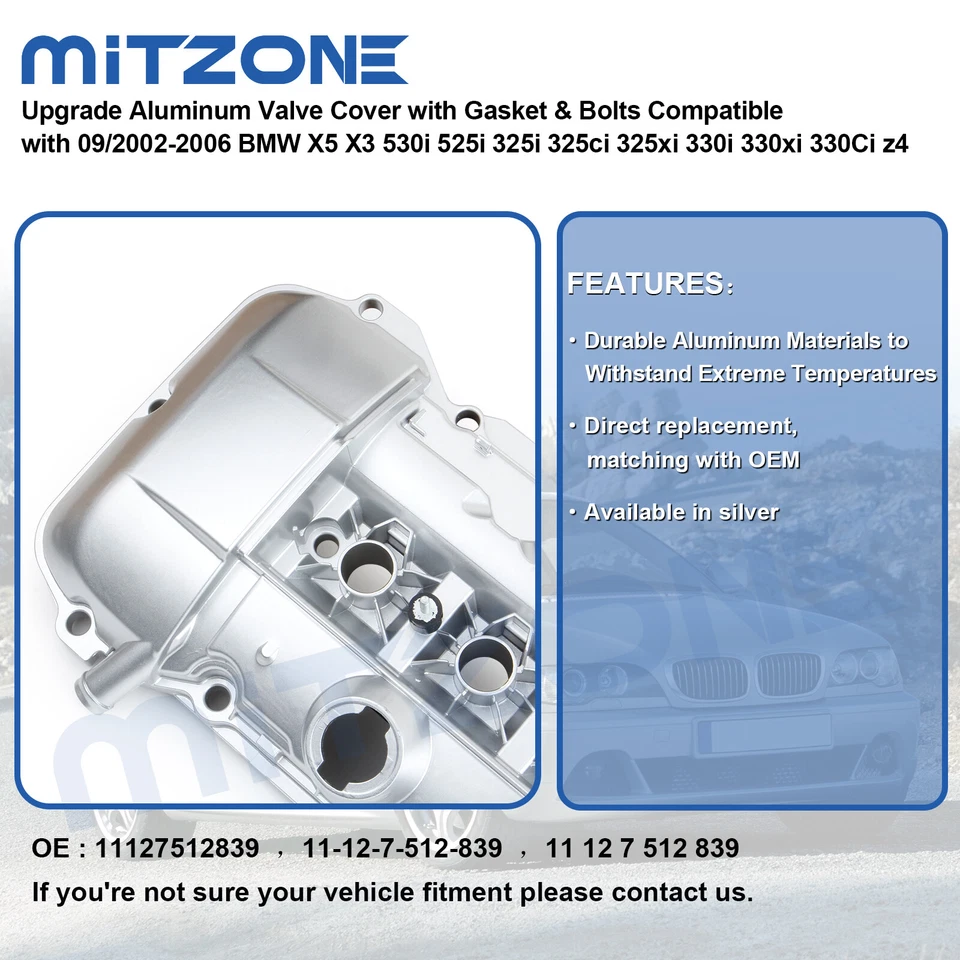 ALUMINUM Valve Cover w/ Gasket & Bolts&Cap for 03-06 BMW 325i 330i 525i X3 X5 Z4 - Image 2 of 4