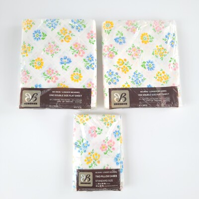 NOS Vtg Bibb Floral Trellis Blue Pink Full Bed Sheet Set Flat Fitted Pillowcases