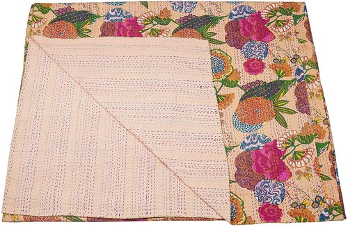 Indian Handmade Cotton Fruit Print Kantha Quilt Throw Reversible Blanket (Baby) - Picture 21 of 37