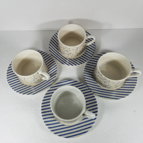 4 Nautica Bermuda Calico Blue Striped/Floral Coffee/Tea Cups & Saucers Portugal
