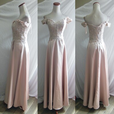 NEW XSCAPE Blush TAUPE OFF THE SHOULDER Embroidered BODICE Mesh EVENING  GOWN