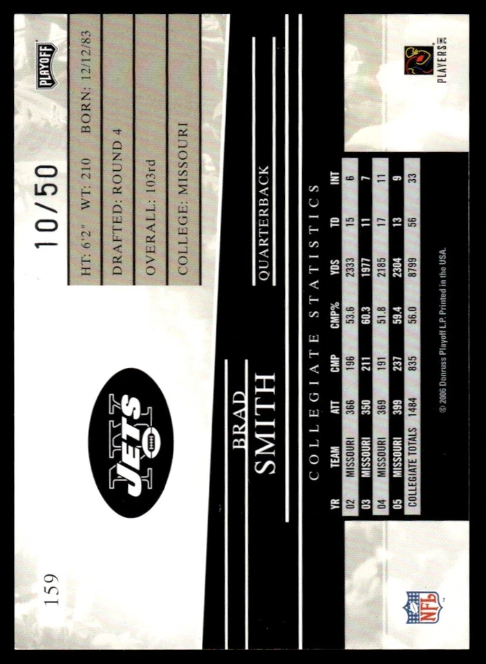 2006 Playoff Prestige Xtra Points Green Brad Smith RC /50 Jets #159 *Noles2148* - Image 2 of 2