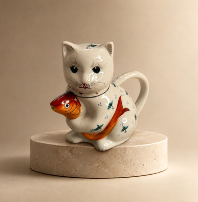 Vintage Lucky Cat & Koi Fish Teapot Hand-Painted Figural Ceramic Made in China