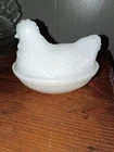 Vintage MCM Hazel-Atlas Opal White Milk Glass “Hen on Nest“ Small Dish With Lid