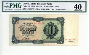 Latvia 10 Latu Currency Banknote 1934 PMG 40 XF