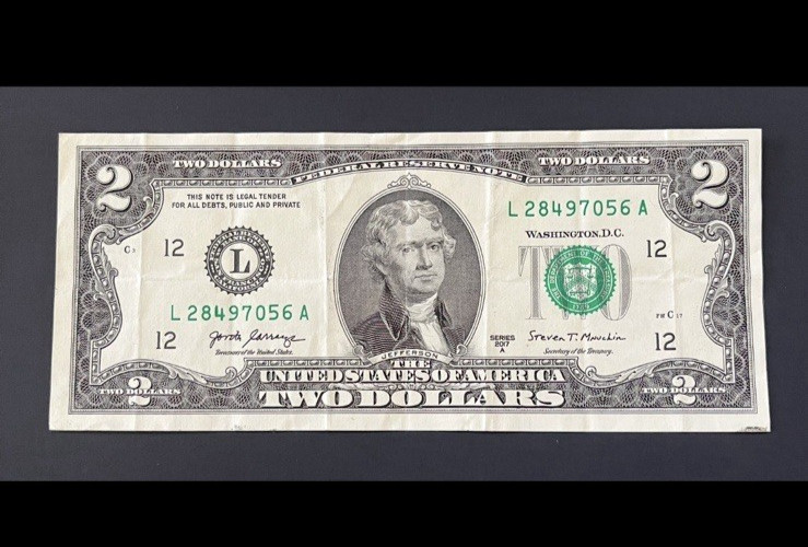 ERROR $2 DLL BILL - OVERINK ON SERIAL #: "4", FRB L12, 2017A, CIRC.
