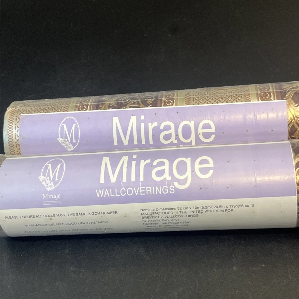 2 Mirage Wallpaper 56 Sq Ft Gold Stripe Tan Stripe Floral Shelf Crafts Bath Lot - Image 4 of 4