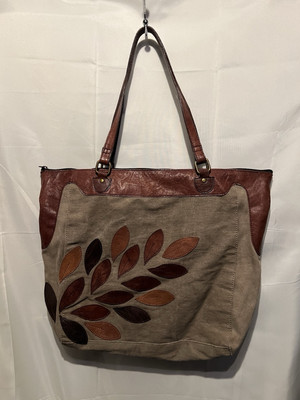Mono B Canvas Leather XL Tote Bag Purse Leaves Leaf Brown Shoulder Handbag  FLAWS