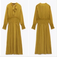 Zara Elastic Waist Tie Midi Dress  Mustard Yellow Spring Summer  Size Medium NWT