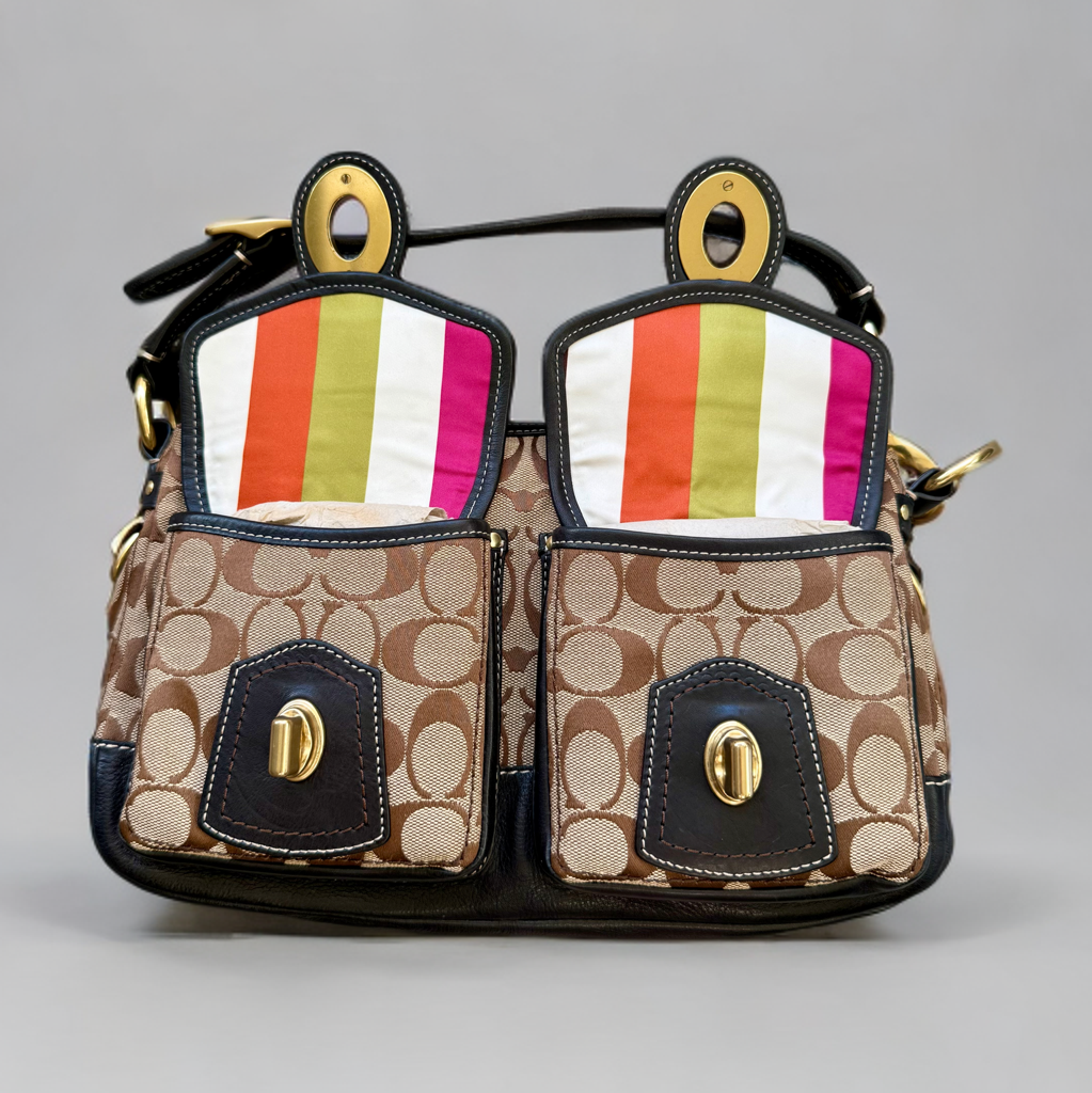 Coach Legacy Tan Signature Black Leather Trim Double Turnlock