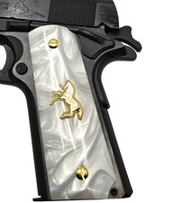 Custom 1911 Pistol Grips White Pearl 24K Gold Plated Ambi Cut W/ Screws
