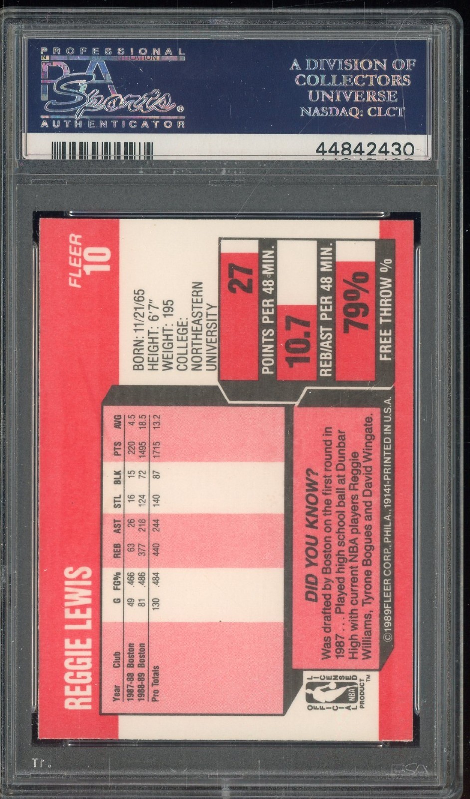 1989 Fleer Basketball #10 Reggie Lewis Boston Celtics PSA 10 GEM MINT view 2