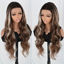 Blonde Highlights Brown Hair 13x4 Glueless Lace Front Wigs Natural Long Wavy Wig