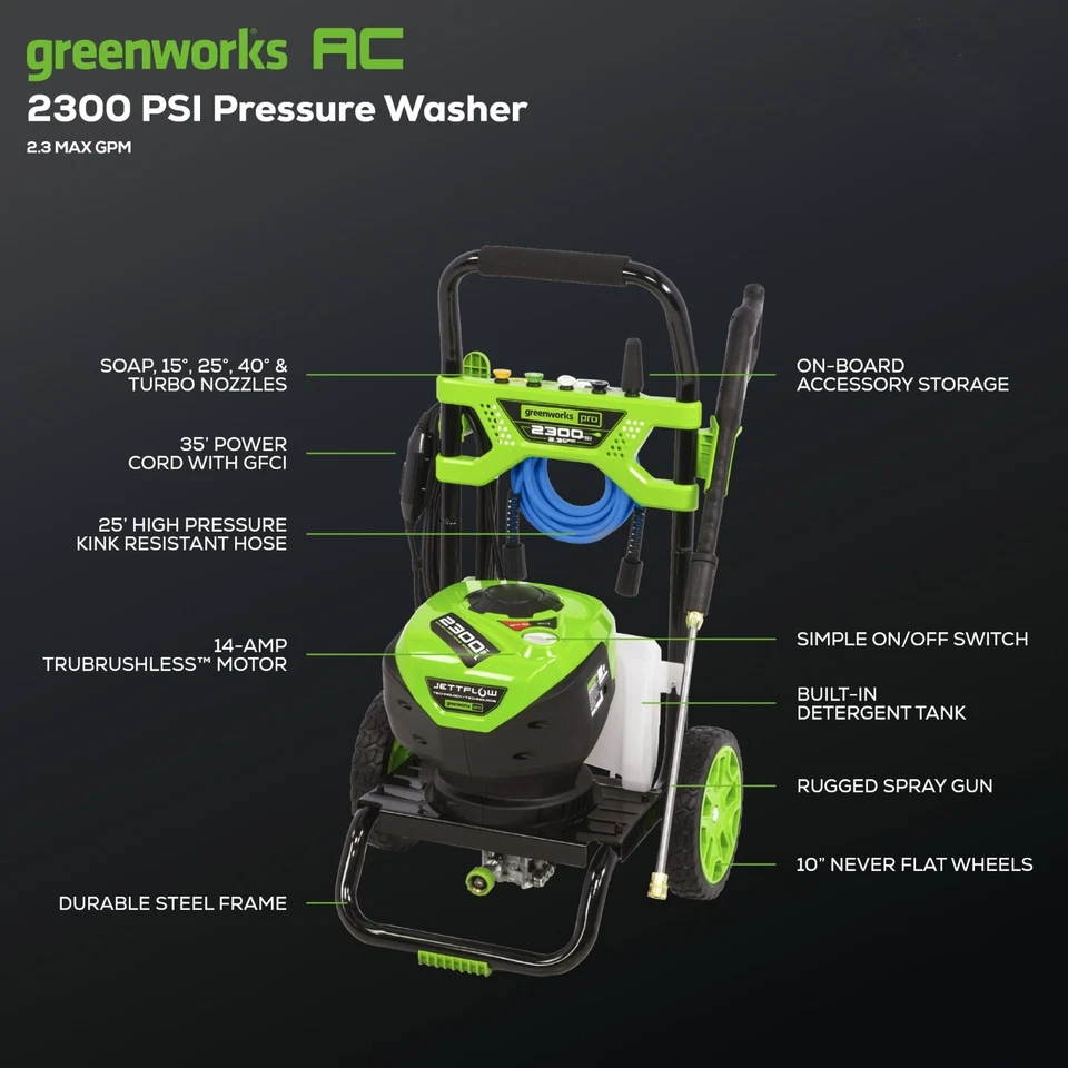 Lavadora a presión eléctrica Greenworks 2300 PSI GPW2300, cable de 35 pies manguera de 25 pies 5 boquillas Foto 2 de 4