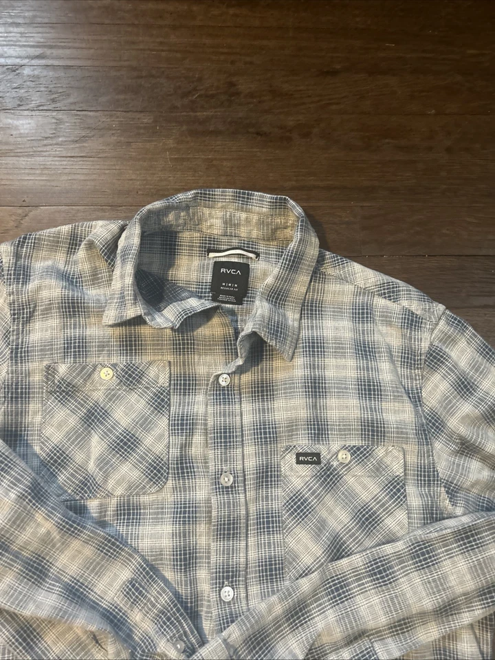 Camisa RVCA Para Hombres Mediana Azul Gris Franela a Cuadros Buttondown Manga Larga Cuello Foto 4 de 4
