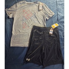Under Armour Boys HeatGear Basketball Graphic T-Shirt Shorts Set Gray Black XL