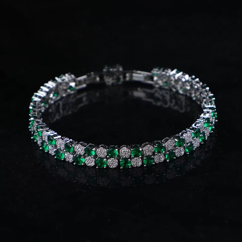 Теннисный браслет с 2 рядами изумрудов круглой огранки 15 карат с покрытием из белого золота 14 карат - Изображение 2 из 4