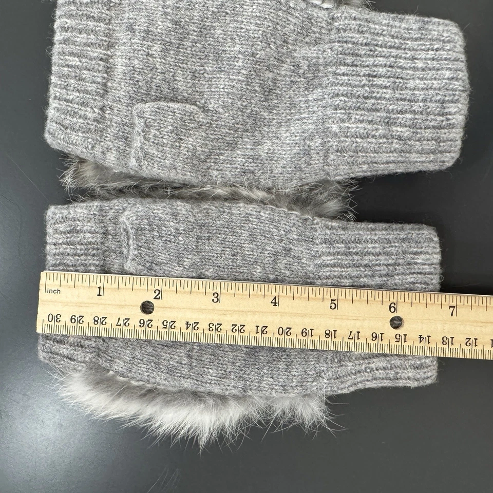 ADRIENNE LANDAU Silver Gray Rabbit Fur Wool Fingerless Gloves Mittens - Image 4 of 4
