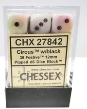 Chessex Dice d6 36 Pipped Circus w/Black Festive 12mm Six Sided Die CHX27842
