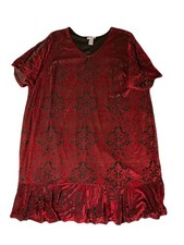 Catherines Red Velvet Burnout Shift Dress Floral Womens 4X Ruffle Hem