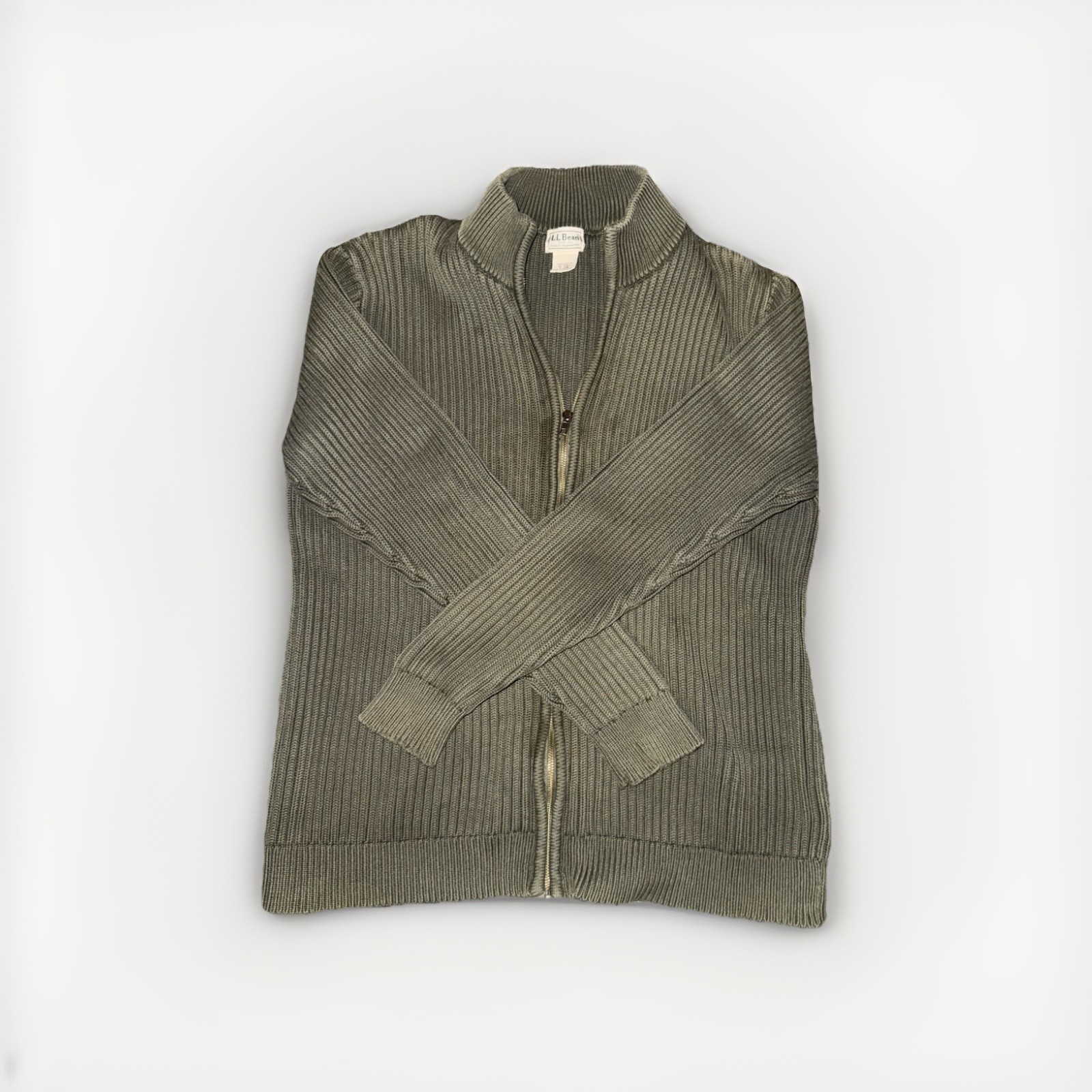 LL Bean Full Zip Up Ribbed Sweater Moss Green Knit Cotton Size XLT XL Tall