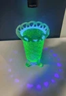 Excellent Vintage Fenton Uranium Vaseline Glass Basket weave Vase 5”