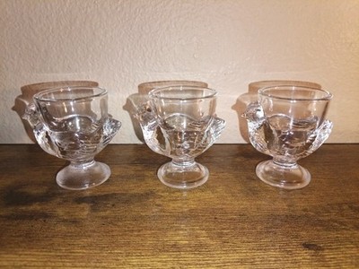 3 VINTAGE France Chicken Hen Clear Glass Egg Cup Holder Country Cottage Set Lot