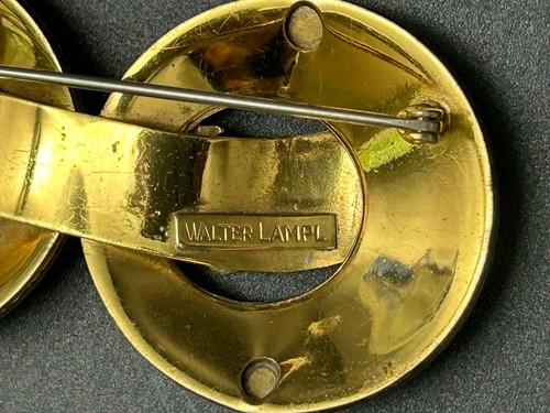 Walter Lampl Vintage Rare 1940s Black Enamel Flowers Gold Tone Pin Brooch Signed - Picture 4 of 11