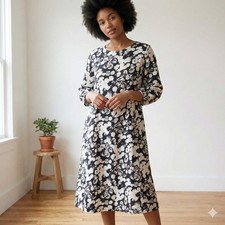 Everlane The Linen A Line Midi Dress Womens 10 Black White Floral Beachy NWT