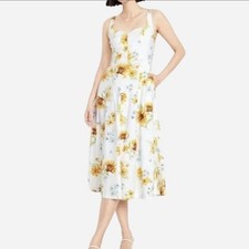 White Yellow Floral Midi Sleeveless Fit  Flare Dress Cotton