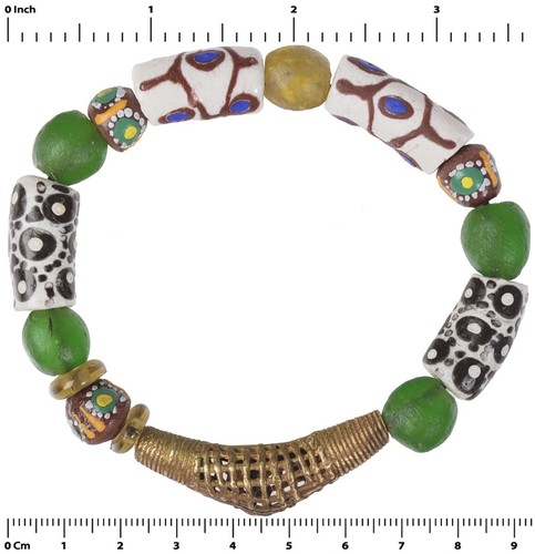 Bracelet Rigide Ethnique – Perles En Verre Et Cuir – Bijou Vintage Unique