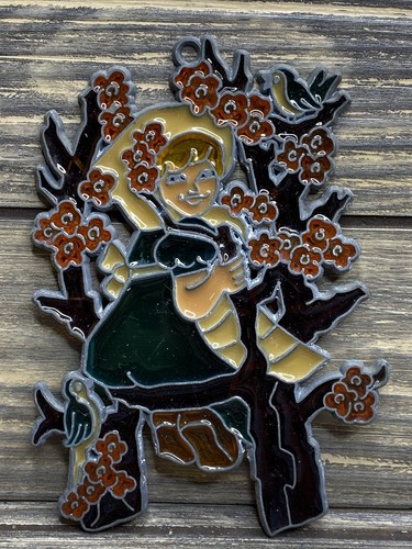 Vtg Stained Glass Suncatcher Window Decor Girl In Floral Tree Birds 5”