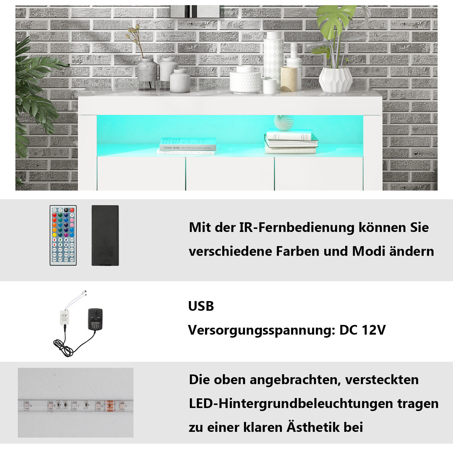 Sideboard Kommode Anrichte Highboard Weiß Hochglanz mit LED Beleuchtung merax