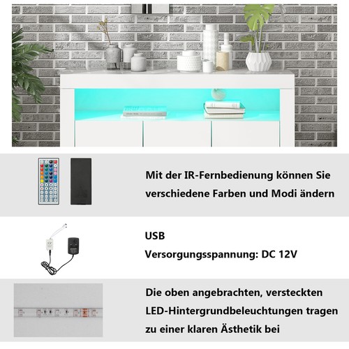 Sideboard mit LED-Leuchten Kommode Wohnzimmer Schrank Anrichte Weiß Hochglanz - Bild 5 von 10