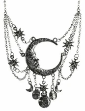 Restyle Sleepless Nights Crescent Moons Stars Gothic Punk Witchy Silver Necklace