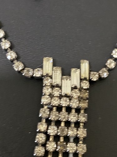Vintage Baguette Round Cut Clear Rhinestone Necklace & Earring Set Tassel Dangle - Picture 5 of 9