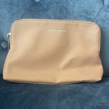 NWOT Laura Mercier Make Up Bag Zipper Case Logo Faux Leather Tan Brown Make-up
