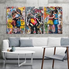 Banksy Graffiti Bambini e Amicizia Love - Set di 3 Quadri su Tela, Quadro da Parete